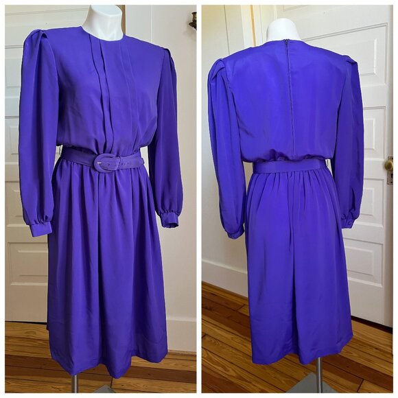 Purple 80s dress long sleeve with belt - Picture 1 of 5